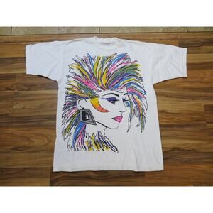 Big Print Unkown Artist Embellished Colorful White T-shirt Sz L 1990s